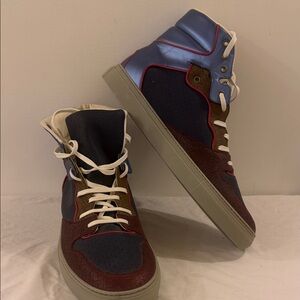BALENCIAGA Men's High-Top Sneakers in Blue, Brown, and Red leather.